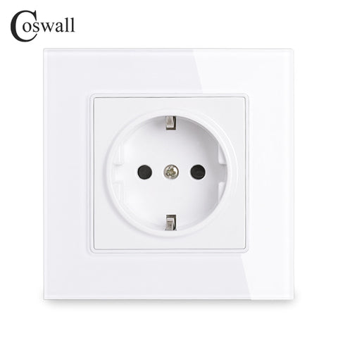 Coswall Wall Crystal Glass Panel Power Socket Plug Grounded, 16A EU Standard Electrical Outlet 86mm * 86mm