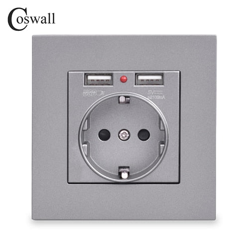 COSWALL Dual USB Charging Port 16A Wall EU Russia Socket Power Outlet Glass Panel PC Panel Matte Grey Color