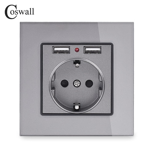 COSWALL Dual USB Charging Port 16A Wall EU Russia Socket Power Outlet Glass Panel PC Panel Matte Grey Color