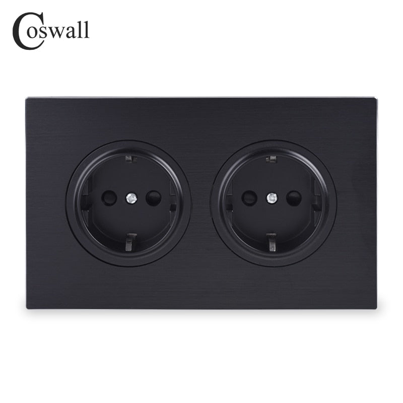 Coswall Luxurious Black Aluminum Panel 16A Double EU Standard Wall Power Socket Grounded With Child Protective Lock 146 Type