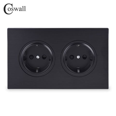 Coswall Luxurious Black Aluminum Panel 16A Double EU Standard Wall Power Socket Grounded With Child Protective Lock 146 Type