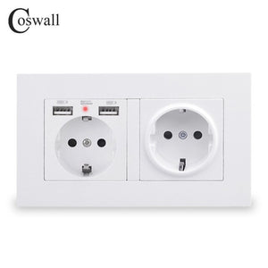 COSWALL 2 Gang Russia Spain EU Standard Wall Socket With 2 USB Charge Port Hidden Soft LED Indicator PC Panel Black White Grey