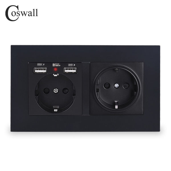 COSWALL 2 Gang Russia Spain EU Standard Wall Socket With 2 USB Charge Port Hidden Soft LED Indicator PC Panel Black White Grey