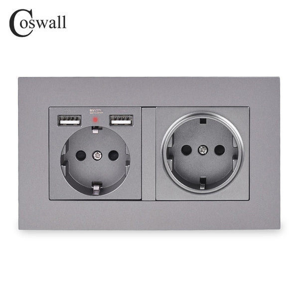 COSWALL 2 Gang Russia Spain EU Standard Wall Socket With 2 USB Charge Port Hidden Soft LED Indicator PC Panel Black White Grey