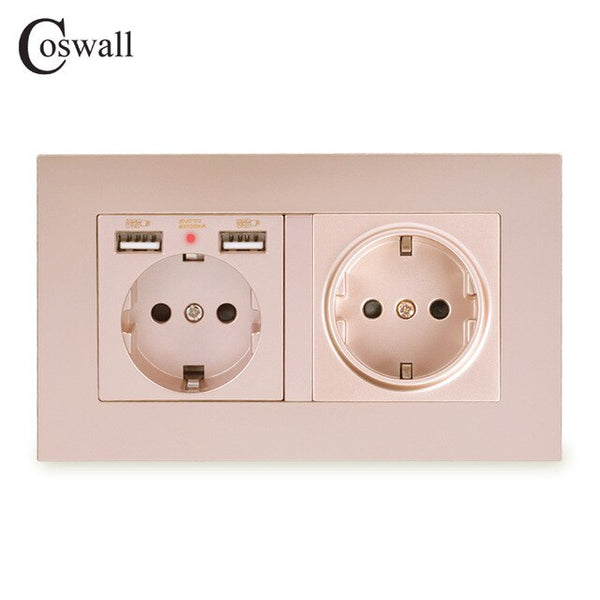 COSWALL 2 Gang Russia Spain EU Standard Wall Socket With 2 USB Charge Port Hidden Soft LED Indicator PC Panel Black White Grey