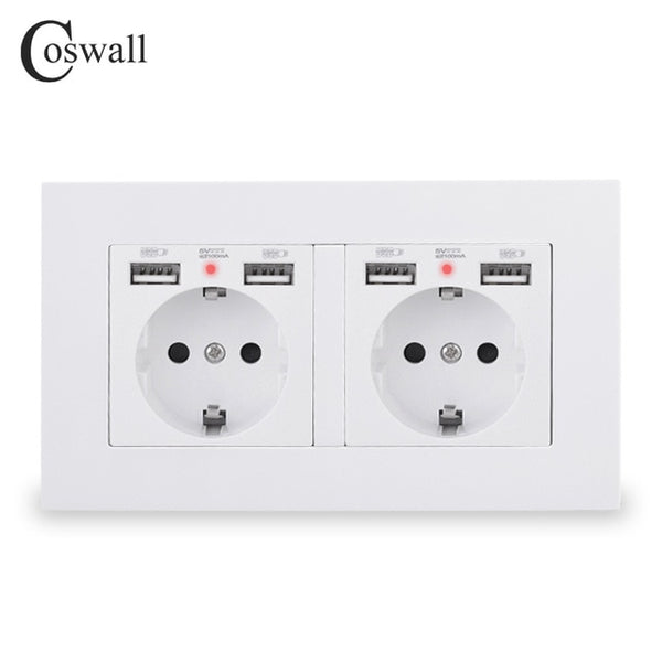 COSWALL Brand 2 Gang Russia Spain EU Standard Wall Socket With 4 USB Charge Port Hidden Soft LED Indicator PC Panel Black White