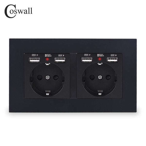 COSWALL Brand 2 Gang Russia Spain EU Standard Wall Socket With 4 USB Charge Port Hidden Soft LED Indicator PC Panel Black White