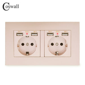 COSWALL Brand 2 Gang Russia Spain EU Standard Wall Socket With 4 USB Charge Port Hidden Soft LED Indicator PC Panel Black White