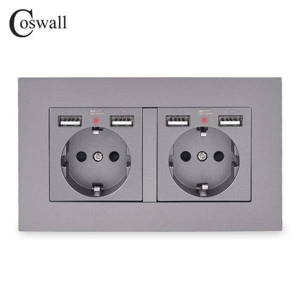 COSWALL Brand 2 Gang Russia Spain EU Standard Wall Socket With 4 USB Charge Port Hidden Soft LED Indicator PC Panel Black White