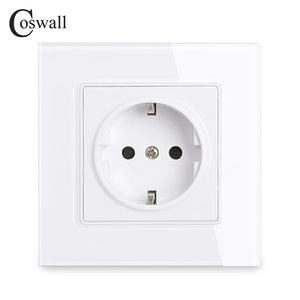 Coswall Wall Crystal Glass Panel Power Socket Plug Grounded, 16A EU Standard Electrical Outlet 86mm * 86mm