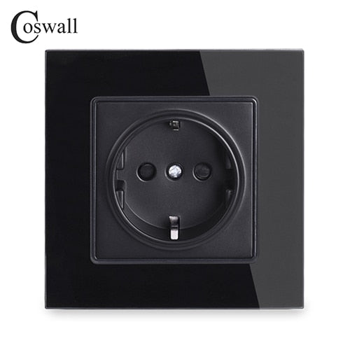 Coswall Wall Crystal Glass Panel Power Socket Plug Grounded, 16A EU Standard Electrical Outlet 86mm * 86mm