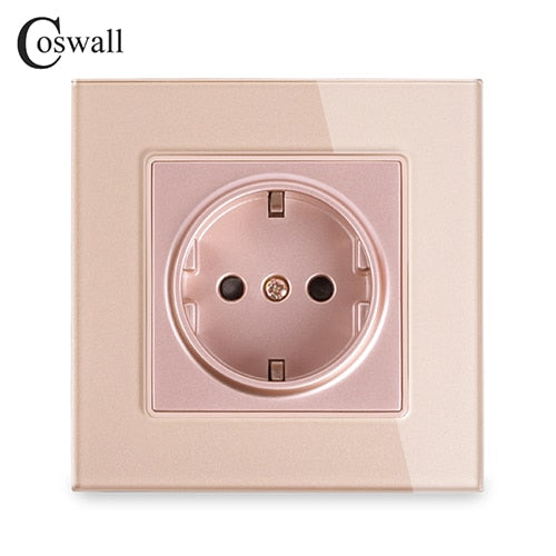 Coswall Wall Crystal Glass Panel Power Socket Plug Grounded, 16A EU Standard Electrical Outlet 86mm * 86mm