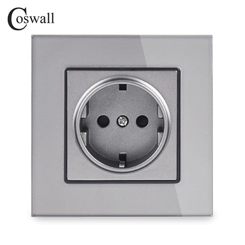 Coswall Wall Crystal Glass Panel Power Socket Plug Grounded, 16A EU Standard Electrical Outlet 86mm * 86mm