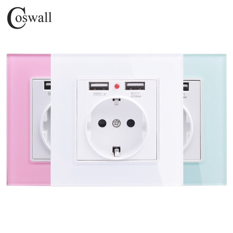 Coswall Green Pink Colorful Crystal Glass Panel Dual USB Charging Port 2.1A 16A Russia Spain Wall Socket EU Power Outlet