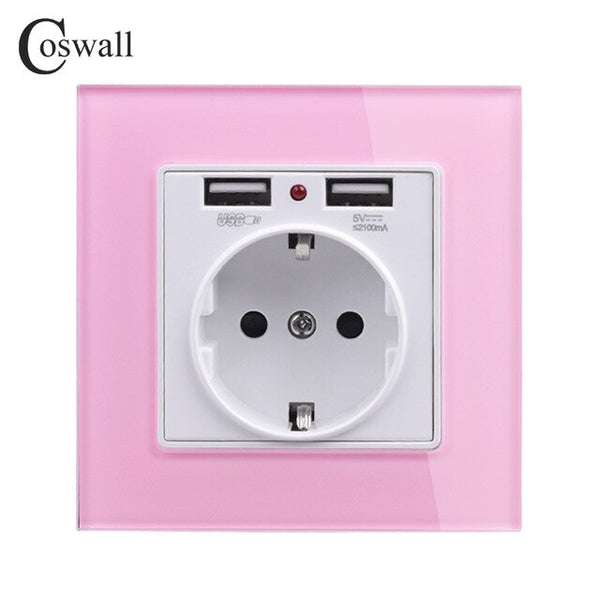 Coswall Green Pink Colorful Crystal Glass Panel Dual USB Charging Port 2.1A 16A Russia Spain Wall Socket EU Power Outlet