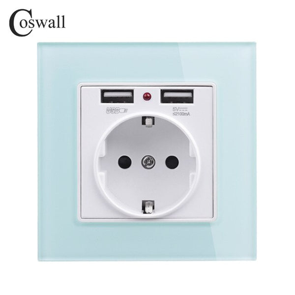 Coswall Green Pink Colorful Crystal Glass Panel Dual USB Charging Port 2.1A 16A Russia Spain Wall Socket EU Power Outlet