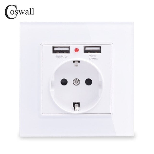 Coswall Green Pink Colorful Crystal Glass Panel Dual USB Charging Port 2.1A 16A Russia Spain Wall Socket EU Power Outlet