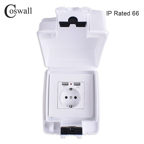 Coswall IP66 Weatherproof Waterproof Outdoor BOX Wall Socket 16A EU Outlet With Dual USB Charging Port External Installation