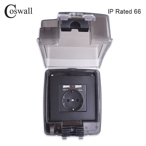 Coswall IP66 Weatherproof Waterproof Outdoor BOX Wall Socket 16A EU Outlet With Dual USB Charging Port External Installation