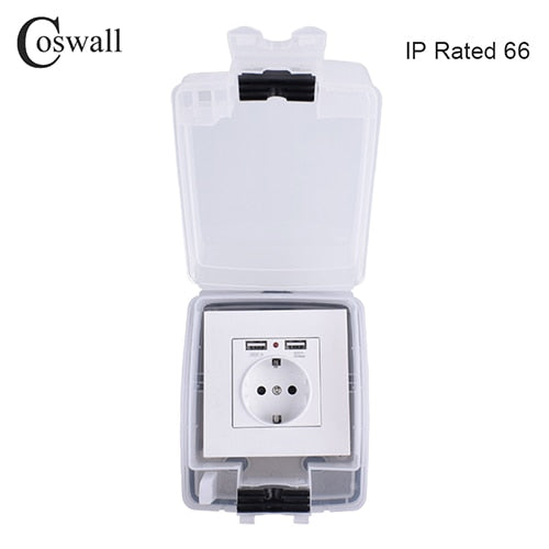 Coswall IP66 Weatherproof Waterproof Outdoor BOX Wall Socket 16A EU Outlet With Dual USB Charging Port External Installation