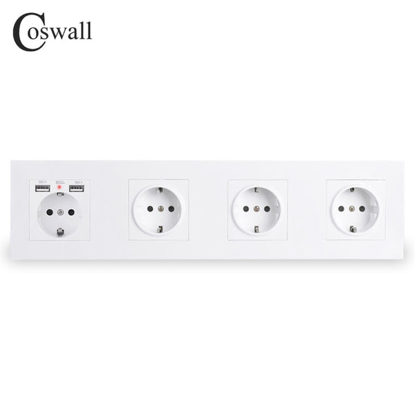 COSWALL 4 Gang Wall EU Socket Grounded + Dual USB Charging Port With Hidden Soft LED Indicator Black White Gold PC Panel