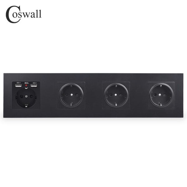 COSWALL 4 Gang Wall EU Socket Grounded + Dual USB Charging Port With Hidden Soft LED Indicator Black White Gold PC Panel