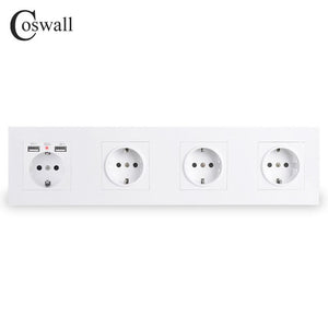 COSWALL 4 Gang Wall EU Socket Grounded + Dual USB Charging Port With Hidden Soft LED Indicator Black White Gold PC Panel