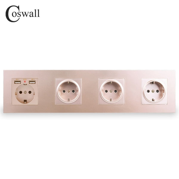 COSWALL 4 Gang Wall EU Socket Grounded + Dual USB Charging Port With Hidden Soft LED Indicator Black White Gold PC Panel