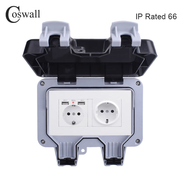 Coswall IP66 Weatherproof Waterproof Outdoor Wall Power Socket 16A Double EU Standard Outlet With Dual USB Charging Port 2.1A