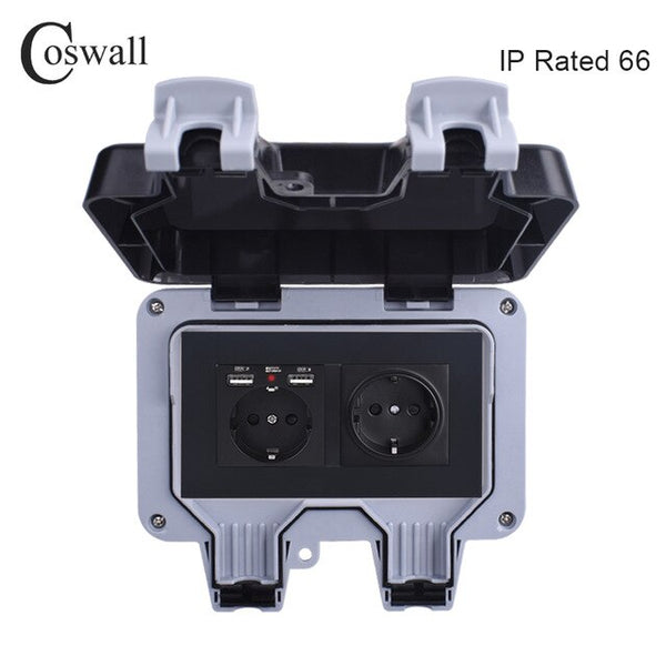 Coswall IP66 Weatherproof Waterproof Outdoor Wall Power Socket 16A Double EU Standard Outlet With Dual USB Charging Port 2.1A