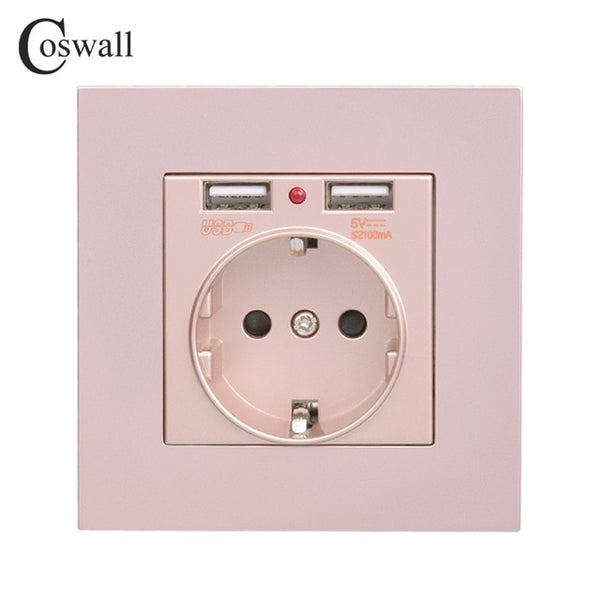 COSWALL 2020 Wall Power Socket Grounded 16A EU Standard Electrical Outlet With 2100mA Dual USB Charger Port for Mobile