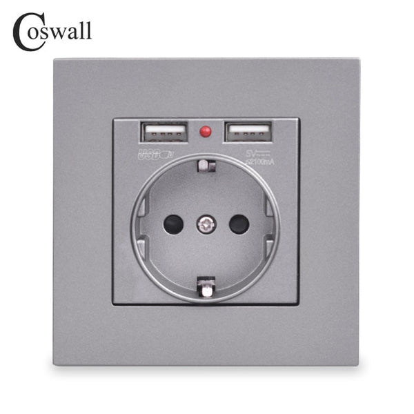 COSWALL 2020 Wall Power Socket Grounded 16A EU Standard Electrical Outlet With 2100mA Dual USB Charger Port for Mobile