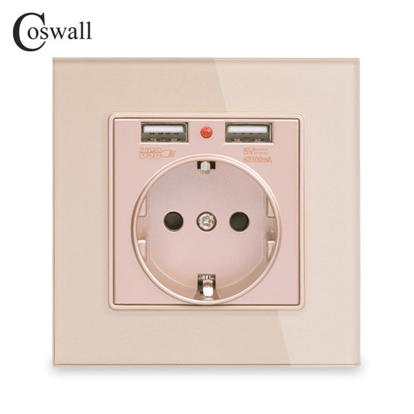 COSWALL 2020 Wall Power Socket Grounded 16A EU Standard Electrical Outlet With 2100mA Dual USB Charger Port for Mobile