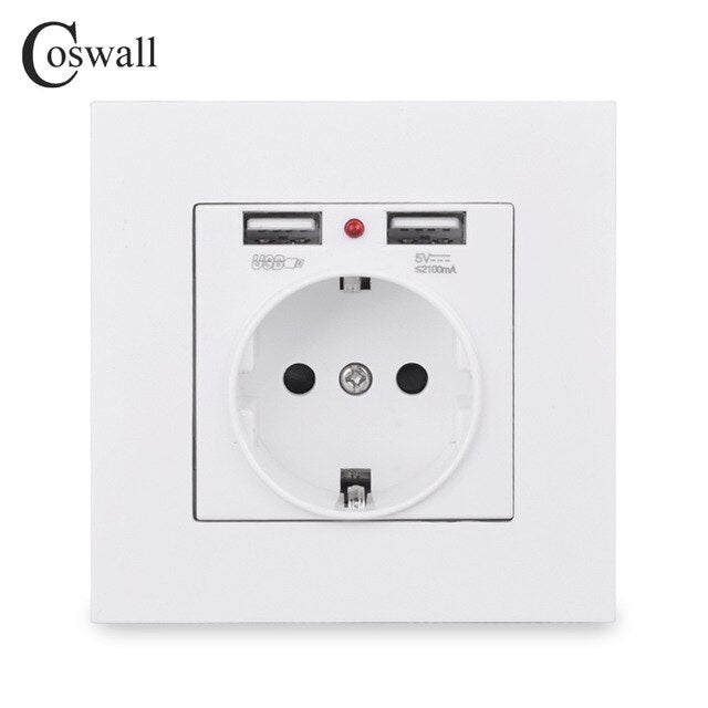 COSWALL 2020 Wall Power Socket Grounded 16A EU Standard Electrical Outlet With 2100mA Dual USB Charger Port for Mobile