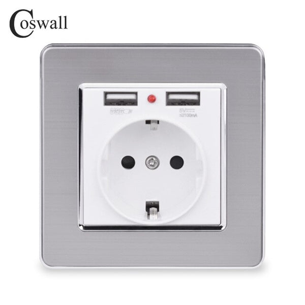 COSWALL 2020 Wall Power Socket Grounded 16A EU Standard Electrical Outlet With 2100mA Dual USB Charger Port for Mobile