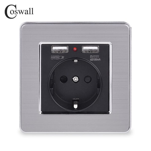 COSWALL 2020 Wall Power Socket Grounded 16A EU Standard Electrical Outlet With 2100mA Dual USB Charger Port for Mobile