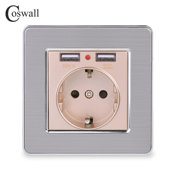 COSWALL 2020 Wall Power Socket Grounded 16A EU Standard Electrical Outlet With 2100mA Dual USB Charger Port for Mobile