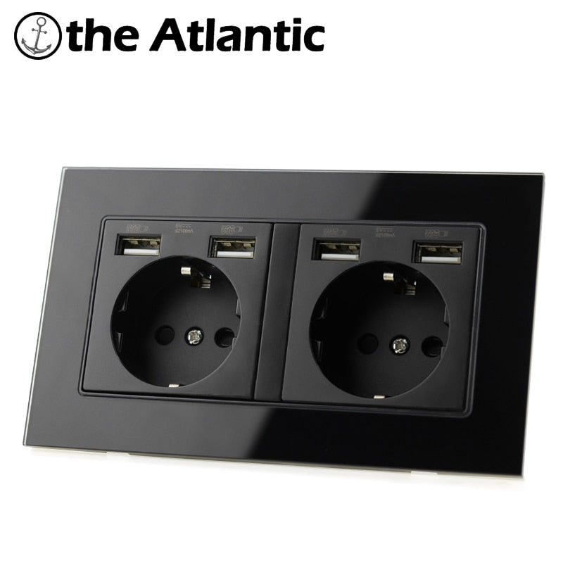 Atlectric Dual DE EU Plug Socket With USB Mobile Phone Charging Port Wall Power Socket Spain Russian Black Glass Frame 146*86mm