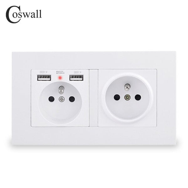 COSWALL 2 Gang French Standard Wall Socket With 2 USB Charge Port Hidden Soft LED Indicator PC Panel Black White Grey Gold