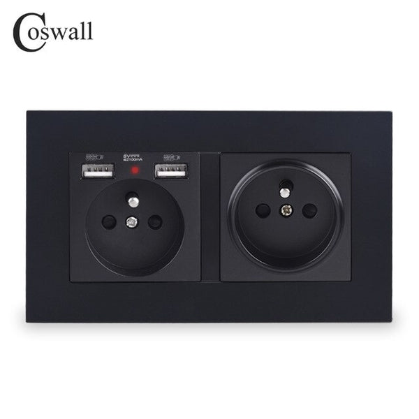 COSWALL 2 Gang French Standard Wall Socket With 2 USB Charge Port Hidden Soft LED Indicator PC Panel Black White Grey Gold