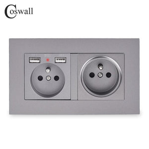 COSWALL 2 Gang French Standard Wall Socket With 2 USB Charge Port Hidden Soft LED Indicator PC Panel Black White Grey Gold