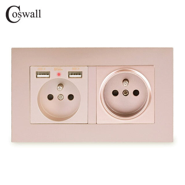 COSWALL 2 Gang French Standard Wall Socket With 2 USB Charge Port Hidden Soft LED Indicator PC Panel Black White Grey Gold