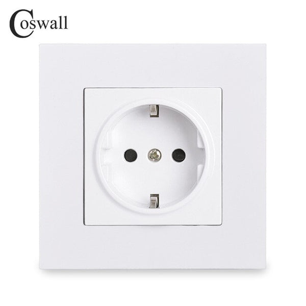 Coswall Simple Style PC Panel EU Russia Spain Power Wall Socket Grounded With Children Protective Door White Black Grey Gold 16A