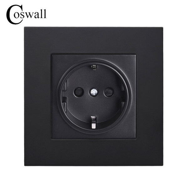 Coswall Simple Style PC Panel EU Russia Spain Power Wall Socket Grounded With Children Protective Door White Black Grey Gold 16A