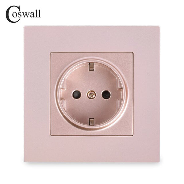 Coswall Simple Style PC Panel EU Russia Spain Power Wall Socket Grounded With Children Protective Door White Black Grey Gold 16A