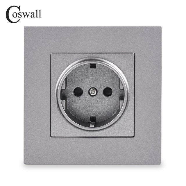 Coswall Simple Style PC Panel EU Russia Spain Power Wall Socket Grounded With Children Protective Door White Black Grey Gold 16A