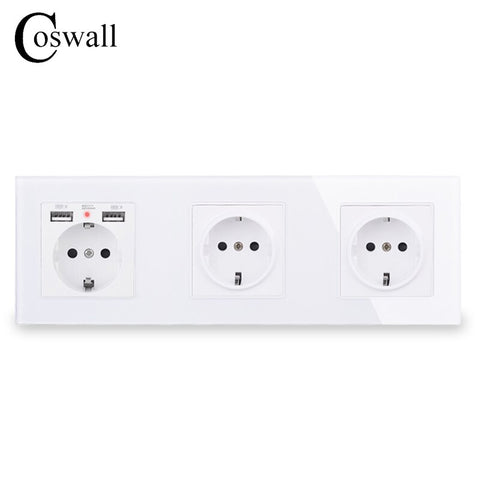 COSWALL 16A 1/2/3/4/5 Gang Russia Spain EU Standard Wall Socket + Dual USB Charge Port Hidden Soft LED Indicator Glass Panel