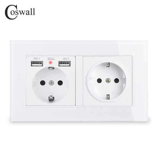 COSWALL 16A 1/2/3/4/5 Gang Russia Spain EU Standard Wall Socket + Dual USB Charge Port Hidden Soft LED Indicator Glass Panel