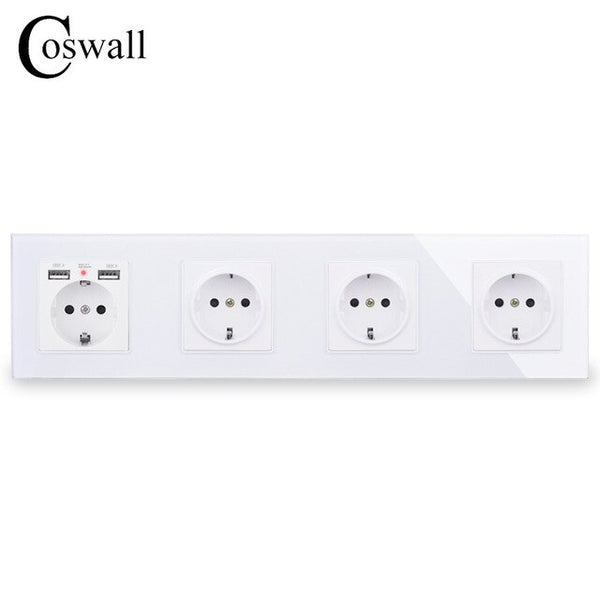 COSWALL 16A 1/2/3/4/5 Gang Russia Spain EU Standard Wall Socket + Dual USB Charge Port Hidden Soft LED Indicator Glass Panel