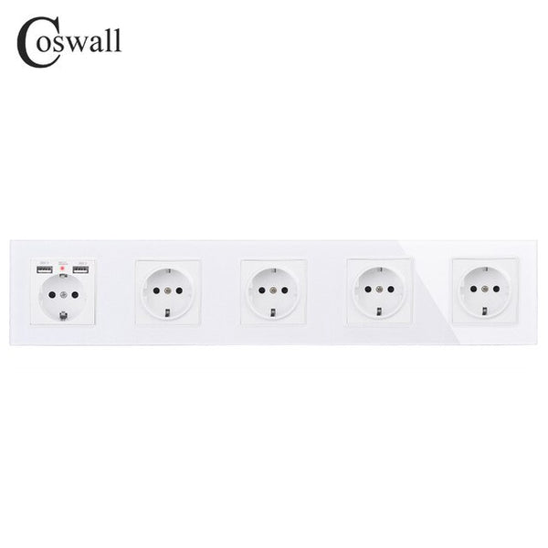 COSWALL 16A 1/2/3/4/5 Gang Russia Spain EU Standard Wall Socket + Dual USB Charge Port Hidden Soft LED Indicator Glass Panel